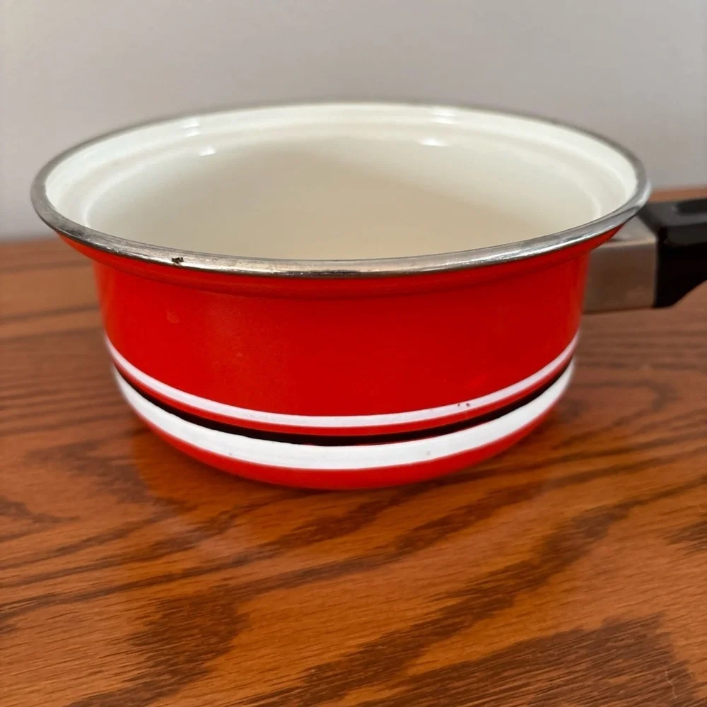 Free w bundle of 2+ Vtg  Red Enamel Saucepan w Lid | Mid Century Cookware